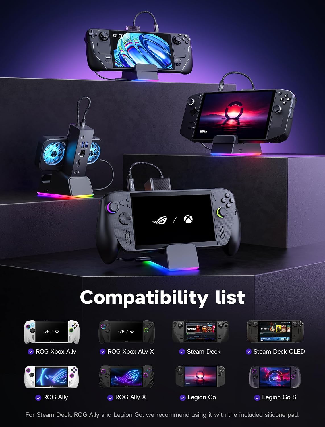 JSAUX RGB Docking Station for ROG Ally X/ROG Ally/Steam Deck/Legion Go